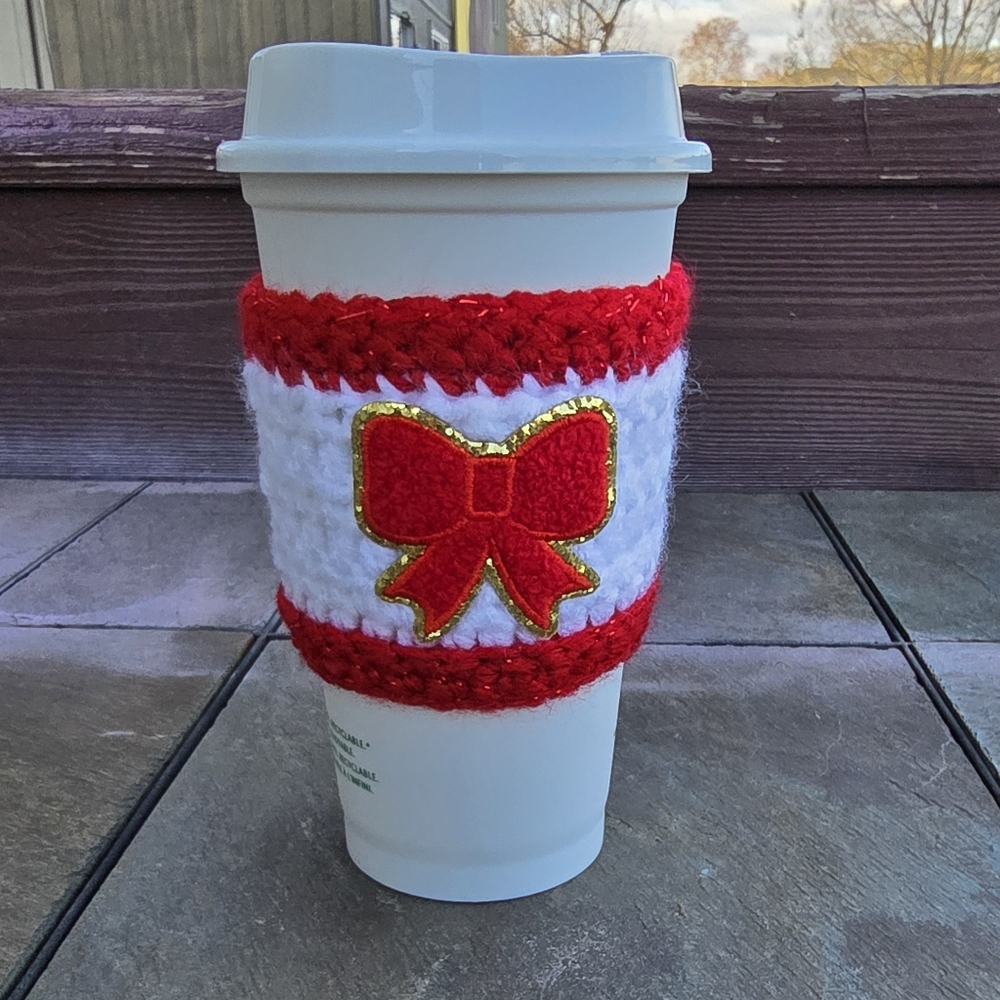 Crochet Holiday Sparkle Bow Cup Sleeve
